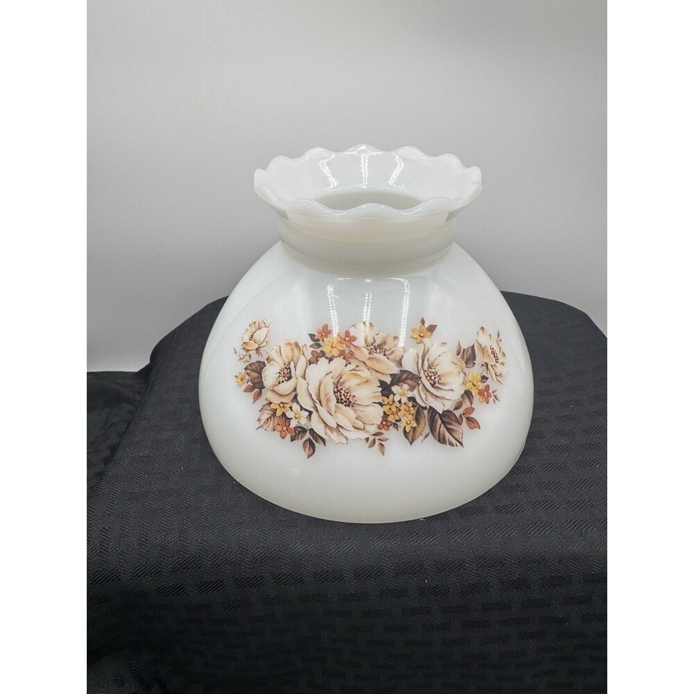 Vintage Hurricane Lamp Shade Milk Glass Floral 8" Fitter Ruffle Top Dome Retro!